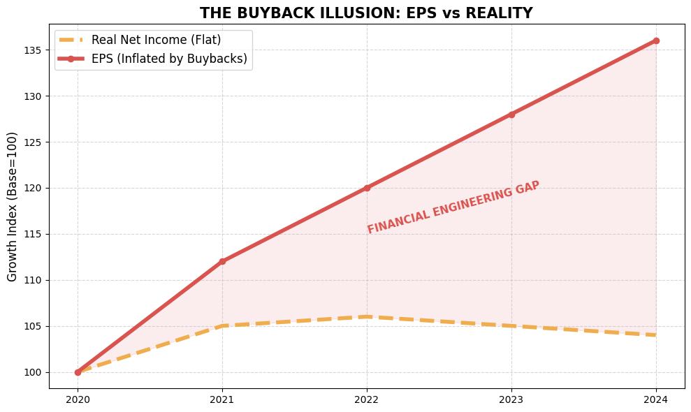 Chart showing Gap between Net Income and EPS due to buybacks