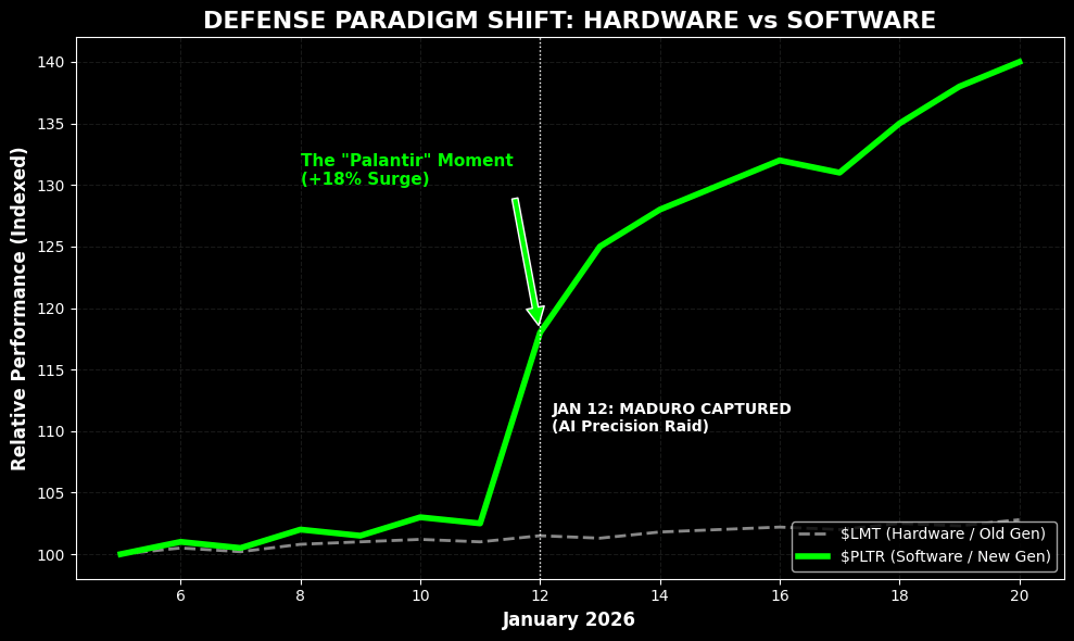 Chart showing PLTR outperforming LMT after Maduro news