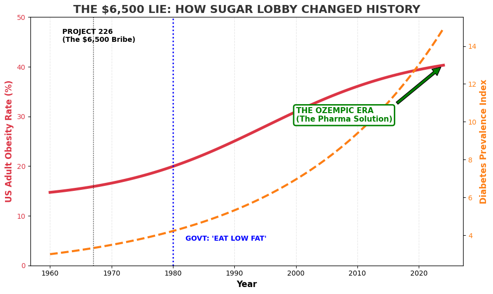 Chart showing the correlation between Low Fat guidelines and Obesity rates