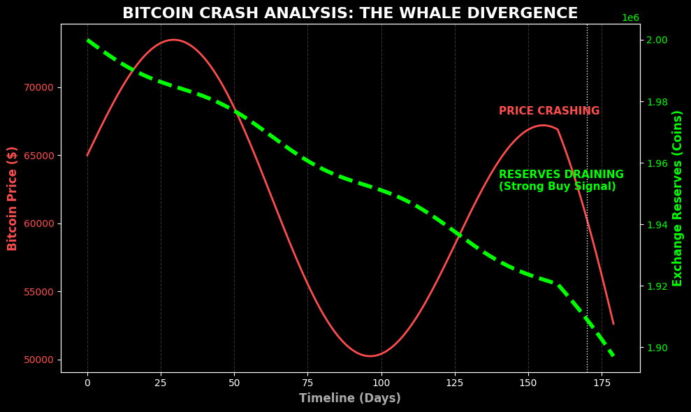 Chart showing Bitcoin price dropping while Exchange Reserves drain