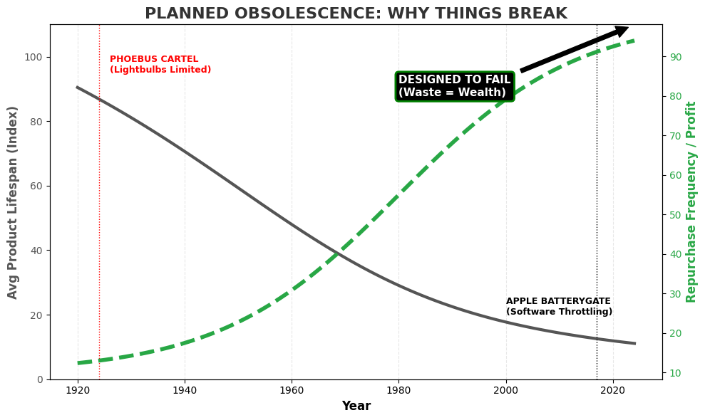 Chart showing the decline of product lifespan vs rise of corporate profit