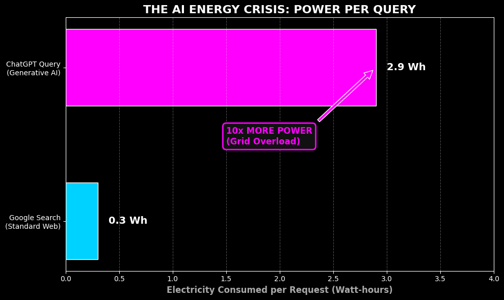 Chart showing the 10x difference in AI Power Consumption vs Google Search