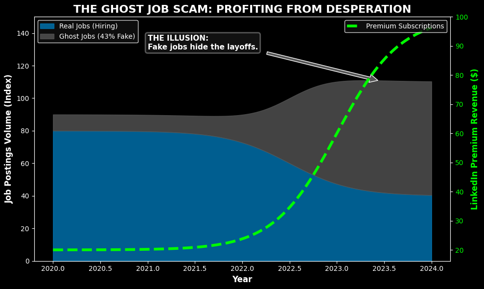 Chart showing the Ghost Jobs LinkedIn Scam correlation with platform revenue