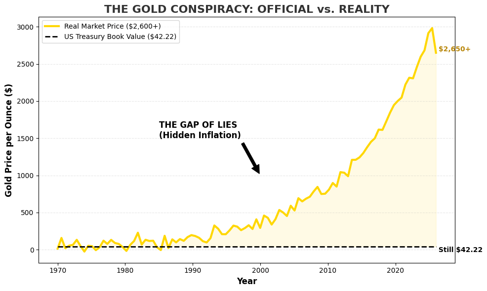 Chart showing the divergence between US Treasury Book Value and Market Price of Gold