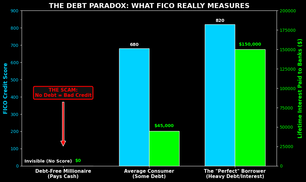 Chart showing the FICO Credit Score paradox where debt-free people are penalized