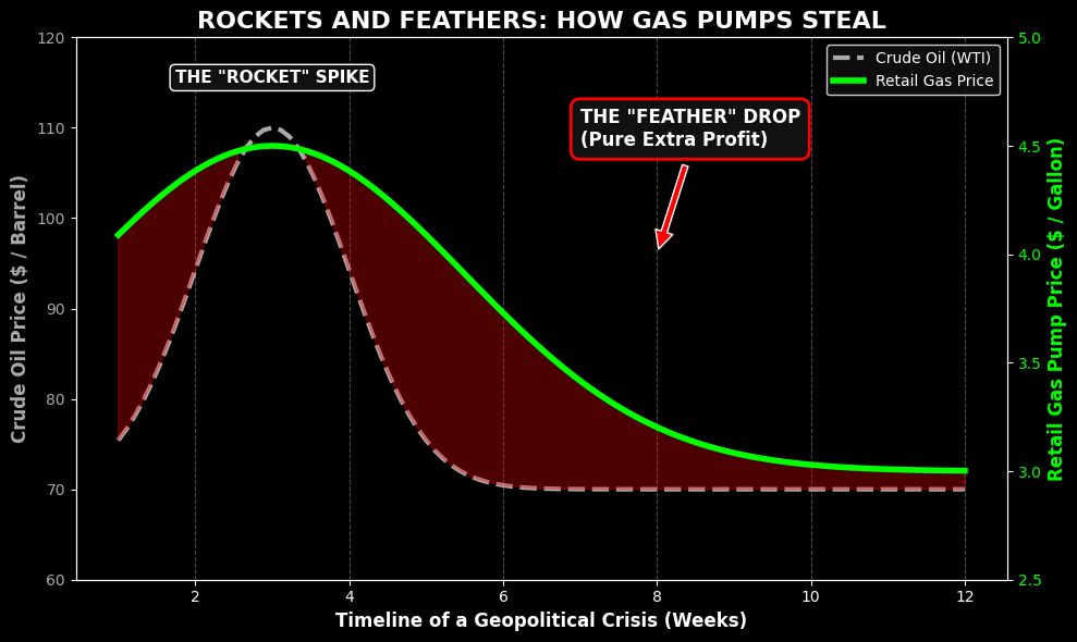 Chart showing the Rockets and Feathers Oil effect where gas prices fall slower than crude oil