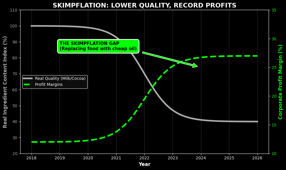 Chart showing the Skimpflation Ingredient Swap: lowering food quality for higher profits