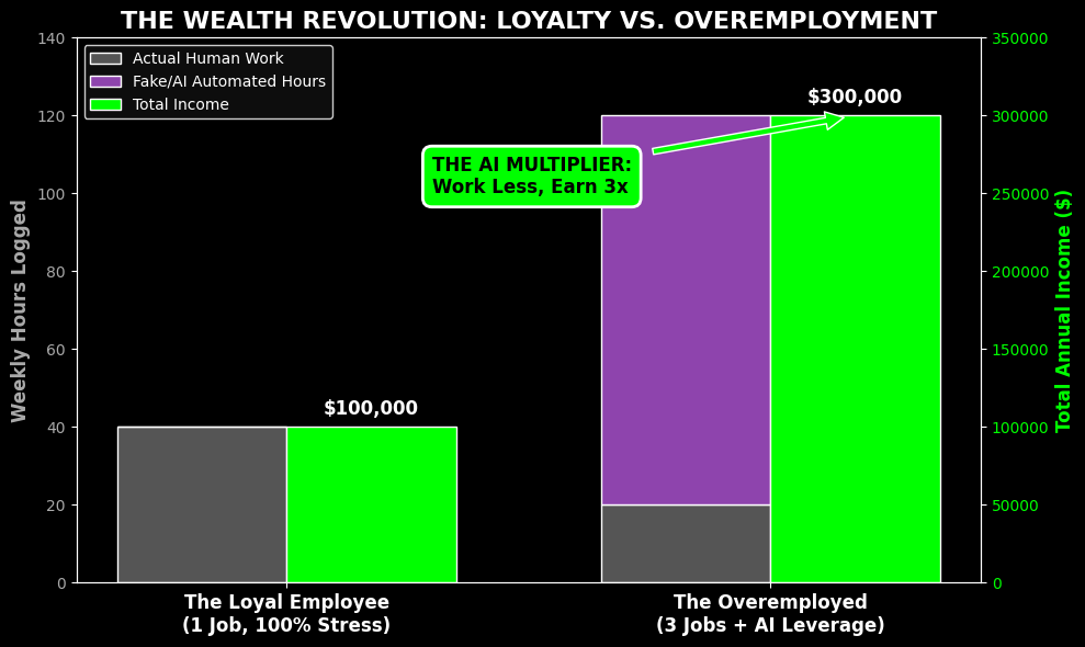 Chart showing the Overemployment AI strategy multiplying income while working fewer human hours